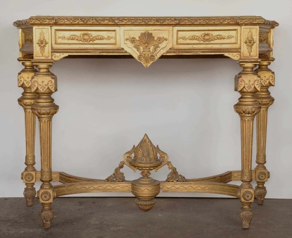 FRENCH FINE ANTIQUE INSET MARBLE GILT CONSOLE: French fine antique inset marble gilt console. Note: Each lot in this auction was stored in an active industrial warehouse. Accordingly, lots may exhibit dust and/or surface residue and may benefit fr