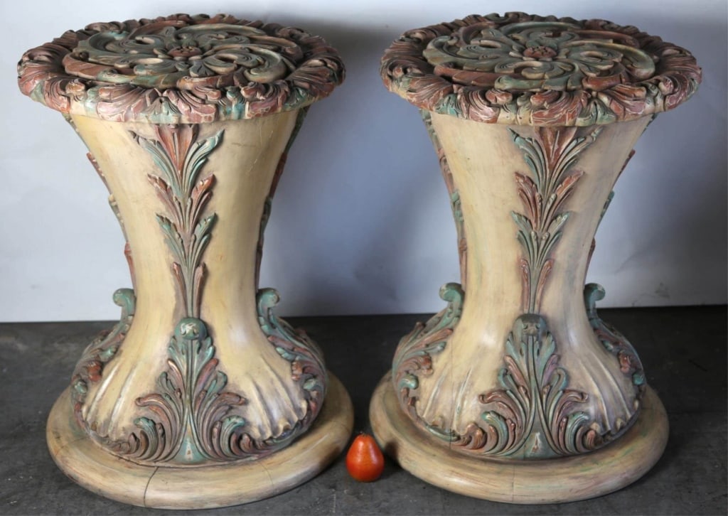 ITALIAN 20TH CENTURY HANDCARVED PEDESTALS: Pair of Italian 20th century hand carved pedestals. Note: Each lot in this auction was stored in an active industrial warehouse. Accordingly, lots may exhibit dust and/or surface residue and may benef