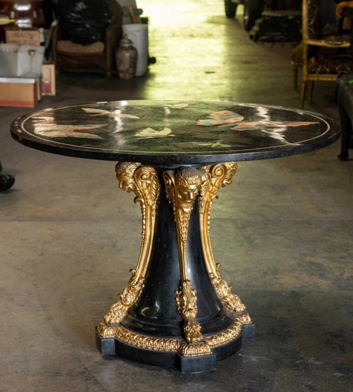 ITALIAN PARCEL GILT PIETRA DURA CENTER TABLE: Italian parcel gilt pietra dura center table serpentine jade & marble inlay, butterfly motif. Note: Each lot in this auction was stored in an active industrial warehouse. Accordingly, lots may exhibit