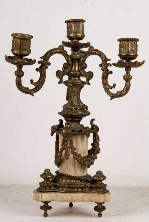 FRENCH GILT BTONZE MARBLE 4 LIGHT CANDELABRA: French gilt bonze marble 4 light candelabra. Note: Each lot in this auction was stored in an active industrial warehouse. Accordingly, lots may exhibit dust and/or surface residue and may benefit from