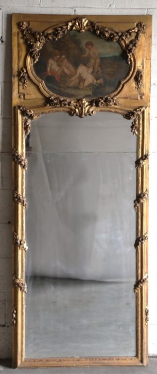 FRENCH ANTIQUE TRUMEAU MIRROR W/GILT & PUTTI SCENE (1 of 7)