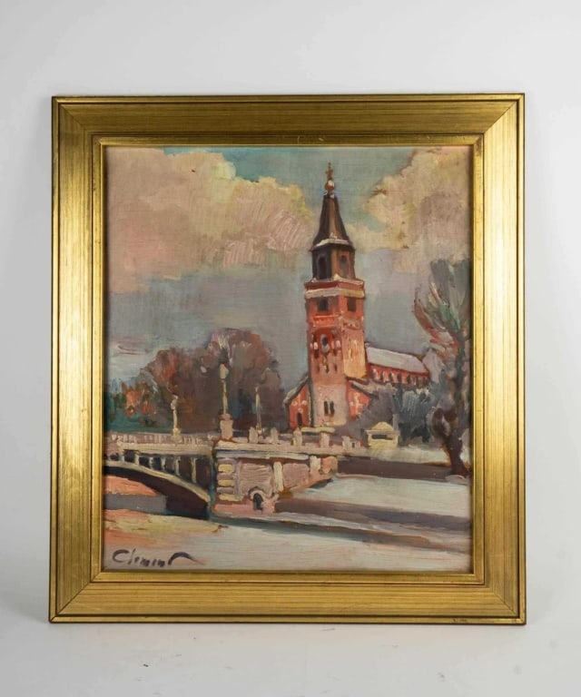 20TH C. SIGNED CITYSCAPE, GOUACHE ON BOARD (1 of 5)