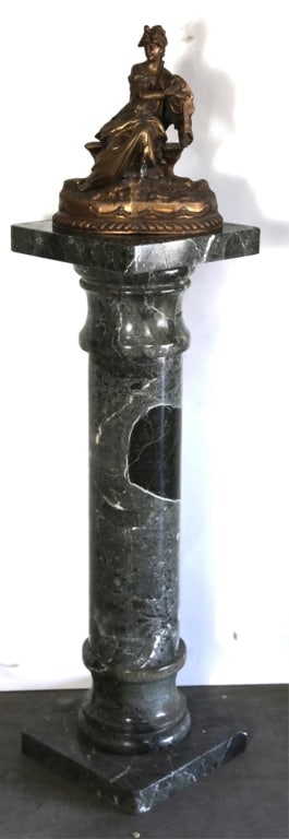CLASSICAL BRONZE PATINA SCULPTURE OF A SEATED MAID: Classical bronze patina sculpture of a seated maiden (pedestal not included). Note: Each lot in this auction was stored in an active industrial warehouse. Accordingly, lots may exhibit dust and/or sur