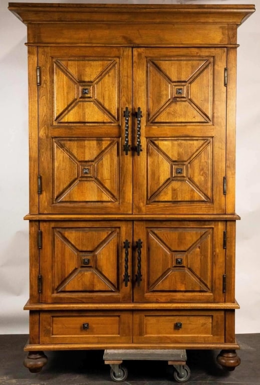 EUROPEAN CABINET WITH FORGED METAL HANDLES: European tv cabinet with forged metal handles. Note: Each lot in this auction was stored in an active industrial warehouse. Accordingly, lots may exhibit dust and/or surface residue and may benefit fr