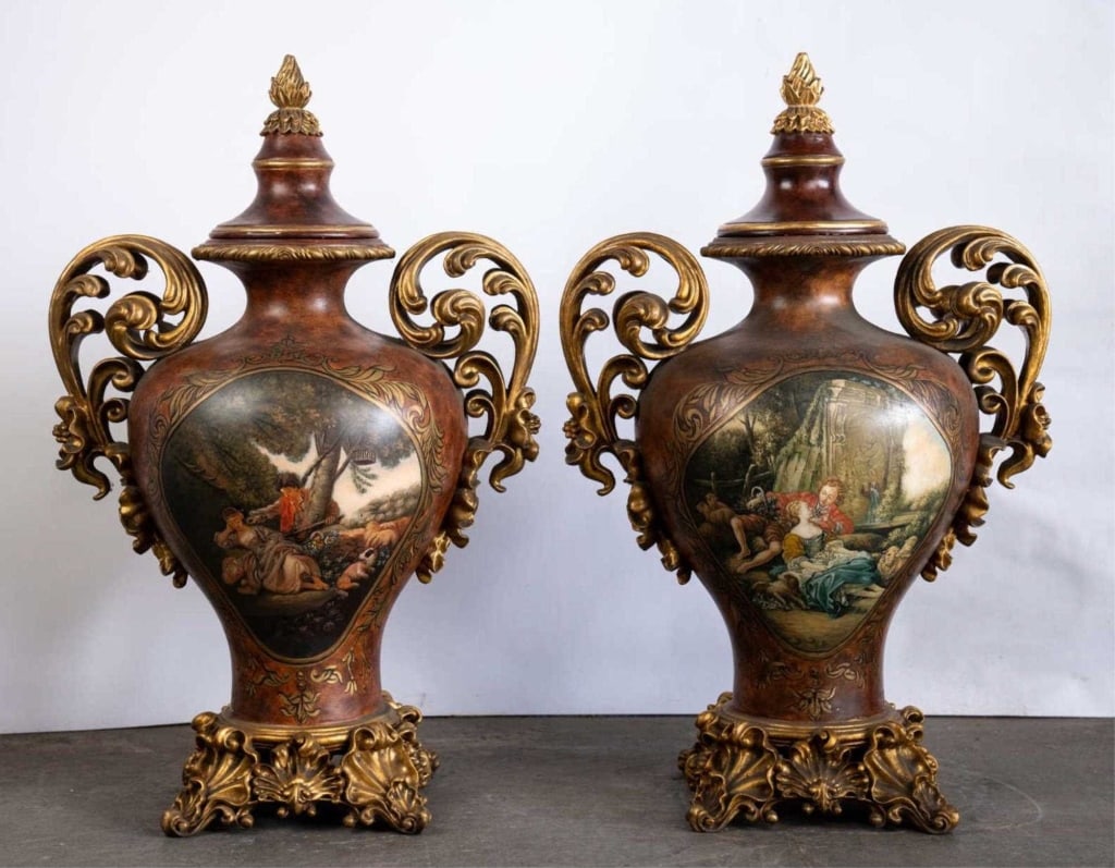 ITALIAN DECORATIVE URNS WITH GILT HANDLES: Italian decorative urns with gilt handles paint decorated. Note: Each lot in this auction was stored in an active industrial warehouse. Accordingly, lots may exhibit dust and/or surface residue and ma