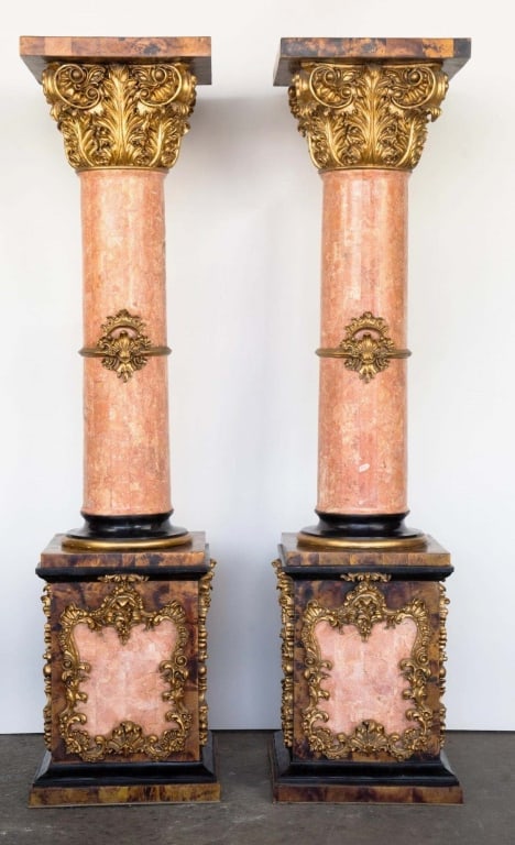 ITALIAN MARBLE PEDESTALS WITH GILT APPLIQUE: Italian marble pedestals with with gilt applique 20th c. Note: Each lot in this auction was stored in an active industrial warehouse. Accordingly, lots may exhibit dust and/or surface residue and may