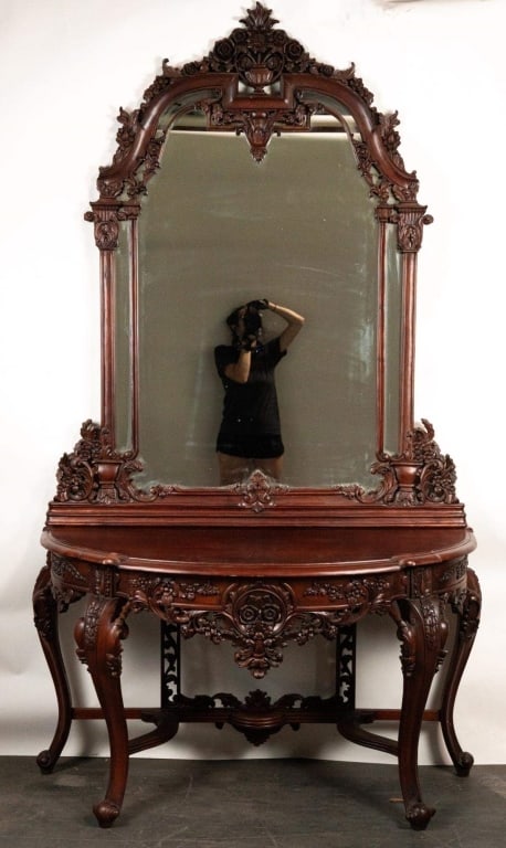 HAND CARVED DEMILUNE CONSOLE TABLE W/ MIRROR (1 of 6)