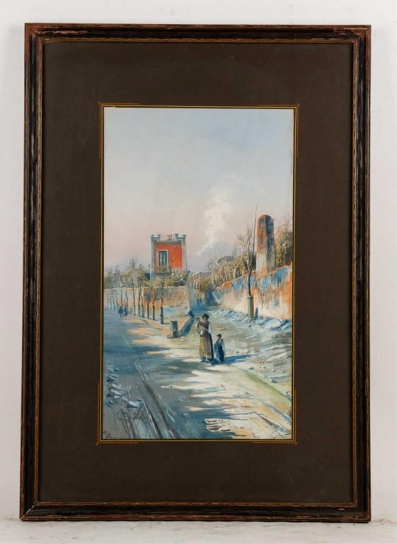GIOVANNI BATTISTA, FIGURES ON COUNTRY LANE: Giovanni Battista (Italian, 1860-1925). Rural European genre scene, gouache on paper, signed LL, framed. Note: Each lot in this auction was stored in an active industrial warehouse. Accordingly, lots 