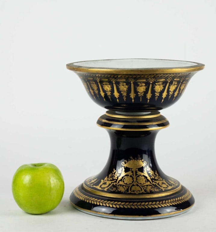 SEVRES PORCELAIN BASE IN COBALT AND GILT: Sevres porcelain base in cobalt and gilt base only. Note: Each lot in this auction was stored in an active industrial warehouse. Accordingly, lots may exhibit dust and/or surface residue and may benef