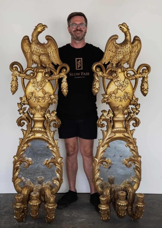 FRENCH MONUMENTAL GILT EAGLE THREE ARM SCONCES (1 of 5)