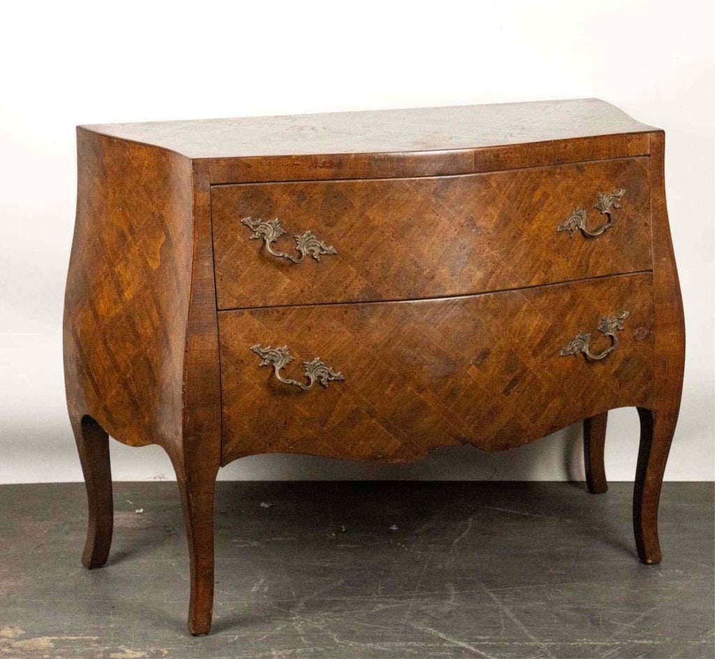 ITALIAN BOMBE MARQUETRY TWO DRAWER COMMODE (1 of 5)