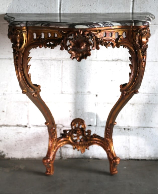 FRENCH GILT MARBLE TOP ANTIQUE WALL CONSOLE (1 of 7)