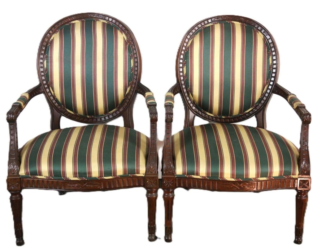 FRENCH MAHOGANY BERGERE MODERN CHAIRS: French mahogany bergere modern chairs. Note: Each lot in this auction was stored in an active industrial warehouse. Accordingly, lots may exhibit dust and/or surface residue and may benefit from clean