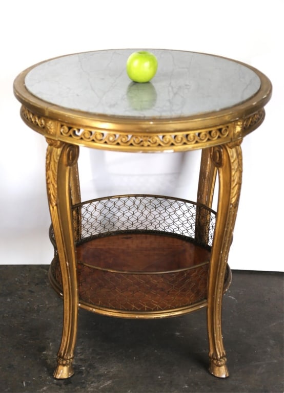 FRENCH GILT MARBLE TOP ANTIQUE TABLE: French gilt marble top antique table. Note: Each lot in this auction was stored in an active industrial warehouse. Accordingly, lots may exhibit dust and/or surface residue and may benefit from cleani