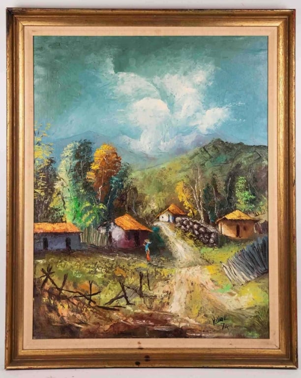 HELIO L. FLORIS (PERUVIAN 20TH C.) LANDSCAPE: Oil on canvas landscape painting by Helio l. Floris (Peruvian 20th century); the work depicts a rural village scene with figures set against the backdrop of the Andes mountains likely in the Ancash re