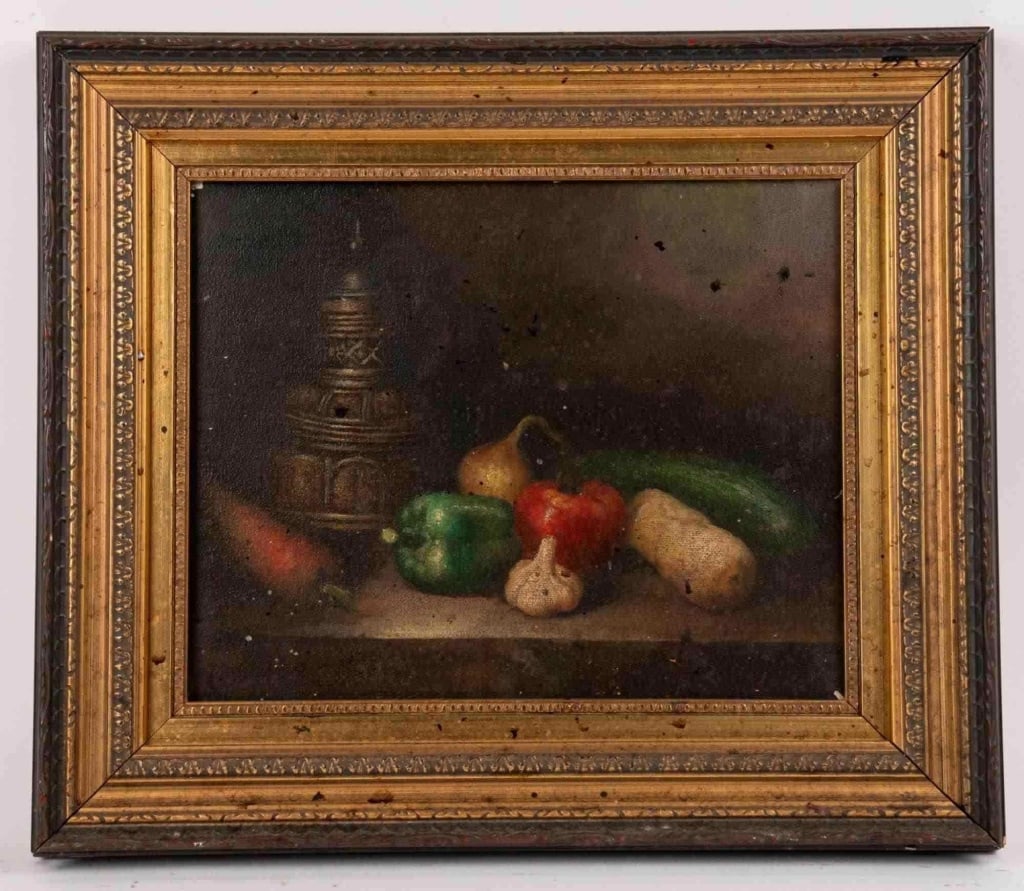CONTINENTAL STILL LIFE WITH VEGETABLES, OIL: Continental school, late 19th–early 20th c., still life with pewter stein and vegetables on a ledge; oil on canvas; apparently unsigned; gilt and ebonized frame; old inventory marks "bh2" and "b-hn0