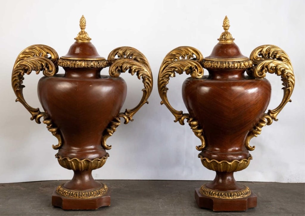 ITALIAN DECORATIVE URNS WITH GILT HANDLES: Italian decorative urns with gilt handles. Note: Each lot in this auction was stored in an active industrial warehouse. Accordingly, lots may exhibit dust and/or surface residue and may benefit from c