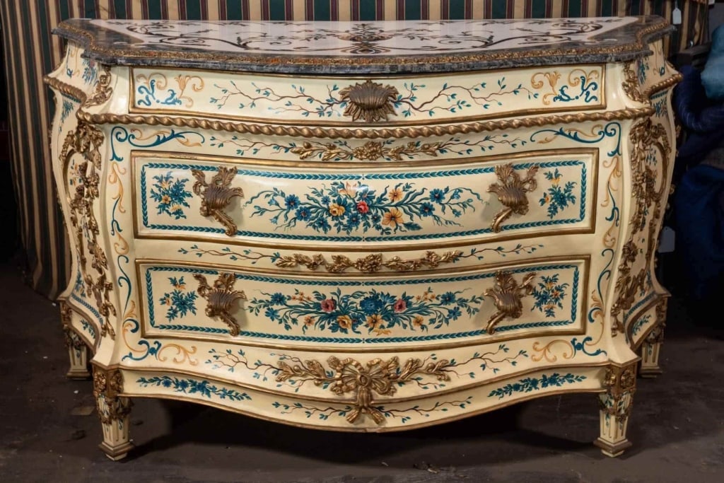 ITALIAN INLAID PARCEL GILT MARBLE TOP COMMODE (1 of 5)