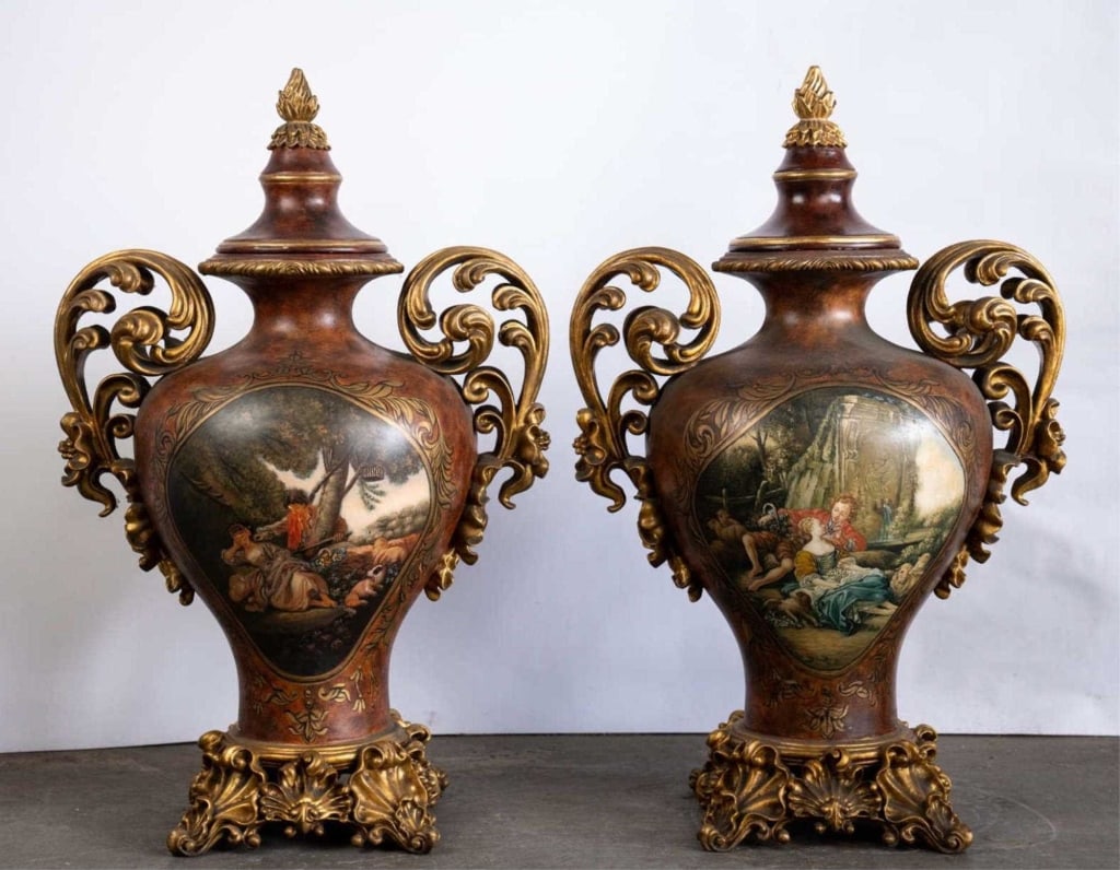 ITALIAN DECORATIVE URNS WITH GILT HANDLES: Italian decorative urns with gilt handles paint decorated. Note: Each lot in this auction was stored in an active industrial warehouse. Accordingly, lots may exhibit dust and/or surface residue and ma