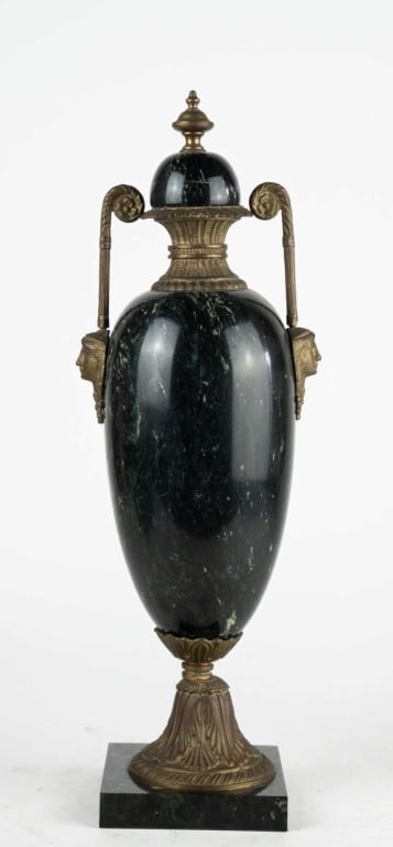 FRENCH MARBLE EGYPTIAN REVIVAL ARCHITECTURAL URN: French marble Egyptian revival architectural urn 20th c. Marble and bronze mount. Note: Each lot in this auction was stored in an active industrial warehouse. Accordingly, lots may exhibit dust and/or