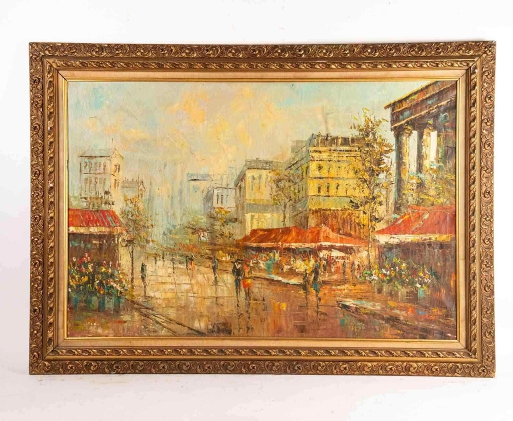 IMPRESSIONIST CITYSCAPE ACRYLIC ON CANVAS: Impressionist cityscape acrylic on canvas faintly signed. Note: Each lot in this auction was stored in an active industrial warehouse. Accordingly, lots may exhibit dust and/or surface residue and may
