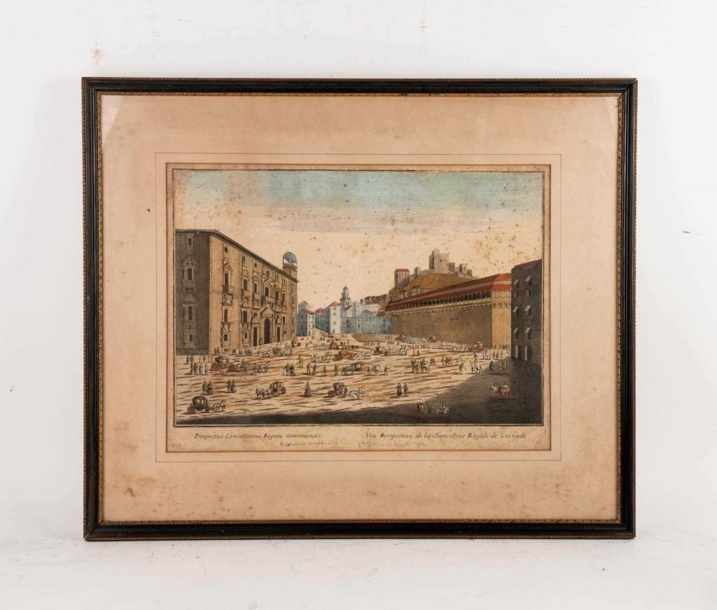 COLORED ENGRAVING OF A TOWN SCENE: Colored engraving of a town scene. Note: Each lot in this auction was stored in an active industrial warehouse. Accordingly, lots may exhibit dust and/or surface residue and may benefit from cleaning.