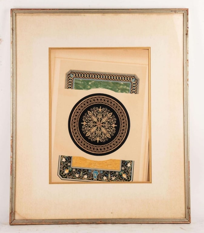 FRAMED COLORED ENGRAVING OF PATTERNS OF PIETRA DURA TOPS: Framed colored engraving of patterns of Pietra dura tops. Note: Each lot in this auction was stored in an active industrial warehouse. Accordingly, lots may exhibit dust and/or surface residue and may