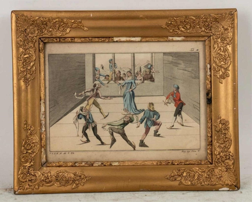 HAND COLORED ENGRAVING OF A MUSICAL SCENE FRAMED: Hand colored engraving of a musical scene framed. Note: Each lot in this auction was stored in an active industrial warehouse. Accordingly, lots may exhibit dust and/or surface residue and may benefit