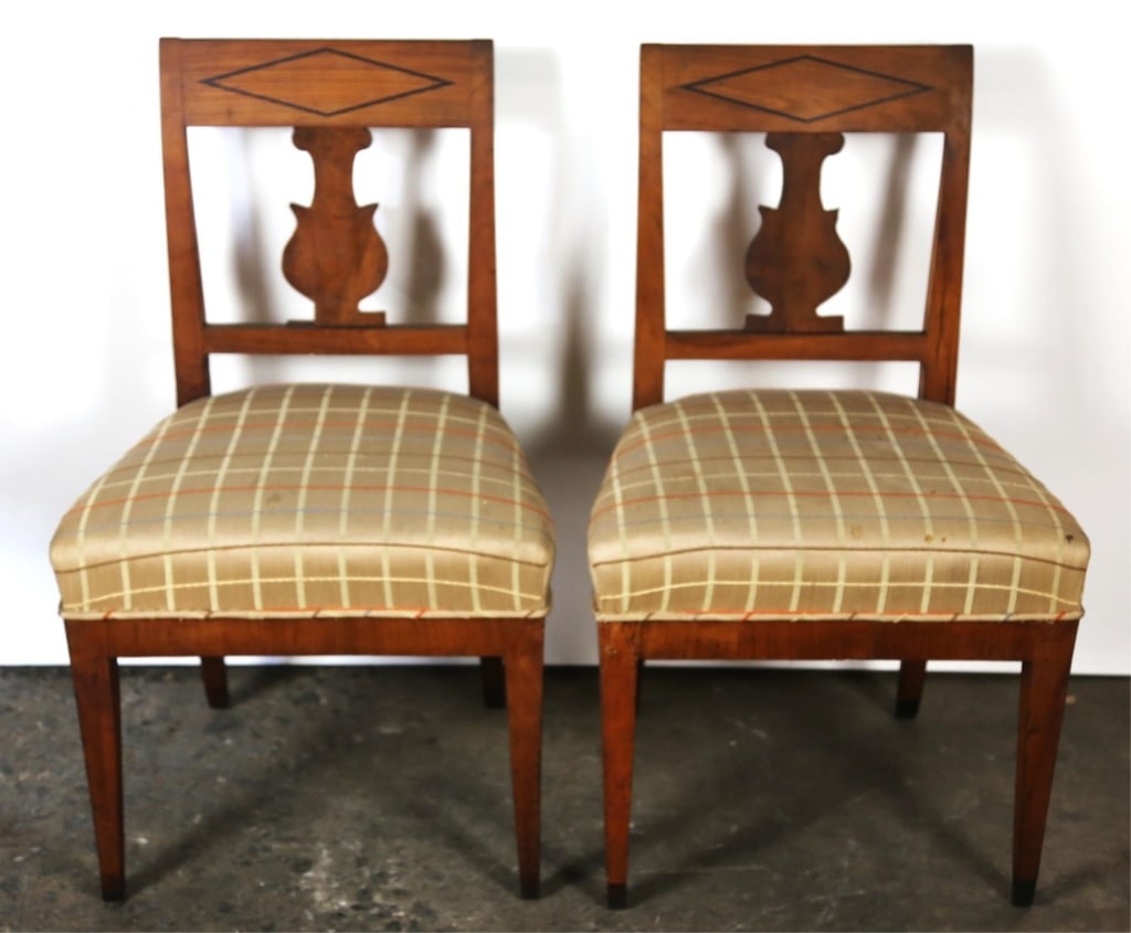 GERMAN BIEDERMEIER STYLE PAIR OF ANTIQUE CHAIRS: German Biedermeier style pair of antique chairs. Note: Each lot in this auction was stored in an active industrial warehouse. Accordingly, lots may exhibit dust and/or surface residue and may benefit 