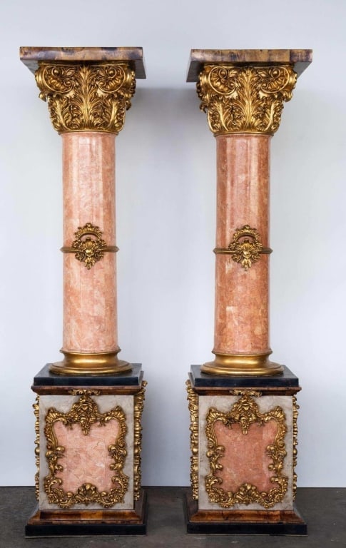 ITALIAN PALATIAL PEDESTALS WITH GILT APPLIQUE: Pair of palatial Italian pedestals with gilt applique. Note: Each lot in this auction was stored in an active industrial warehouse. Accordingly, lots may exhibit dust and/or surface residue and may be
