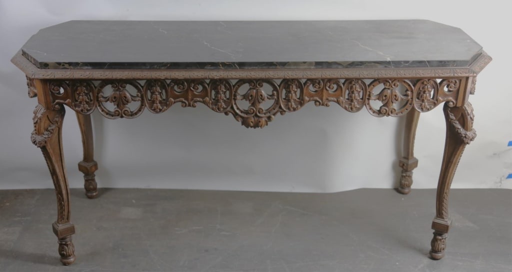 ITALIAN CARVED MAHOGANY MARBLE TOP CONSOLE TABLE (1 of 7)