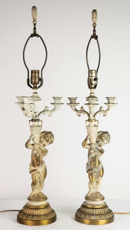 FRENCH FIGURAL PUTTI 3 LIGHT CANDELABRA LAMPS (1 of 7)