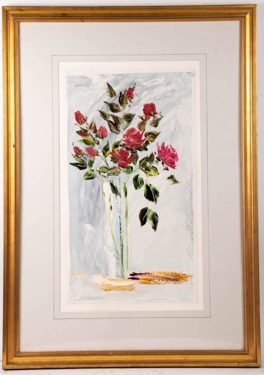 FLORAL STILL LIFE, ACRYLIC ON CANVAS: Acrylic on canvas. Signed to lr. Artist Melinda Trick Chandler. Framed. Note: Each lot in this auction was stored in an active industrial warehouse. Accordingly, lots may exhibit dust and/or surface r
