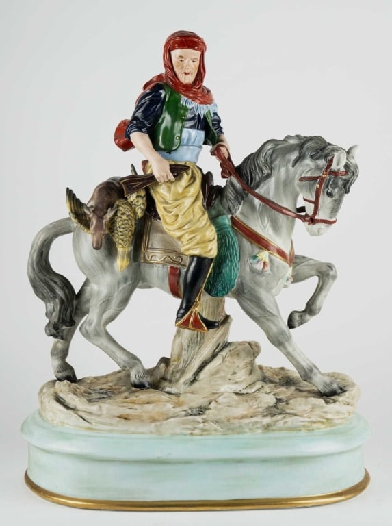 GERMAN DRESDEN MONUMENTAL PORCELAIN SCULPTURE: German, 20th century. Hand painted Persian hunter on the horse figurine. Note: Each lot in this auction was stored in an active industrial warehouse. Accordingly, lots may exhibit dust and/or surface 