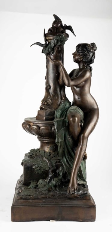 BRONZE AFTER MOREAU 20TH C. FOUNTAIN: After Moreau 20th c. Bronze fountain. Note: Each lot in this auction was stored in an active industrial warehouse. Accordingly, lots may exhibit dust and/or surface residue and may benefit from cleani