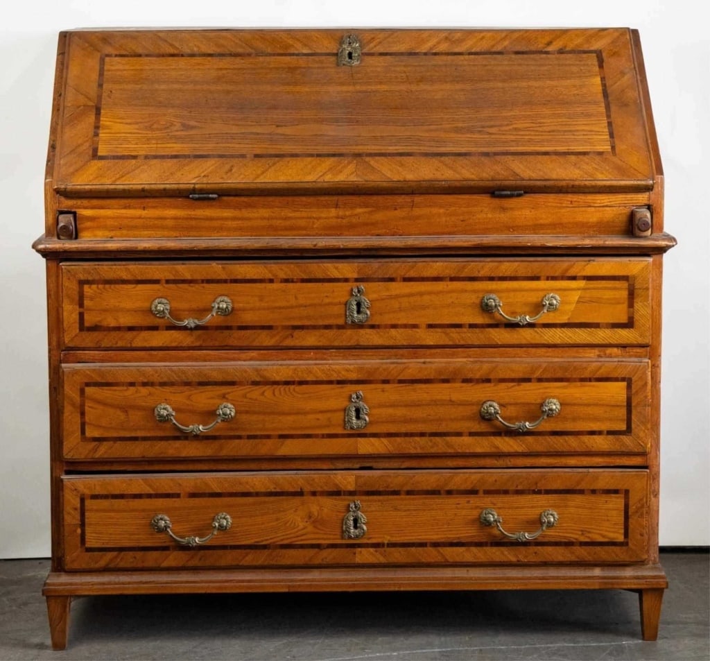 CONTINENTAL SLANT-FRONT CHESTNUT BUREAU SECRETAIRE: Continental antique slant-front chestnut bureau secretaire. Note: Each lot in this auction was stored in an active industrial warehouse. Accordingly, lots may exhibit dust and/or surface residue and m