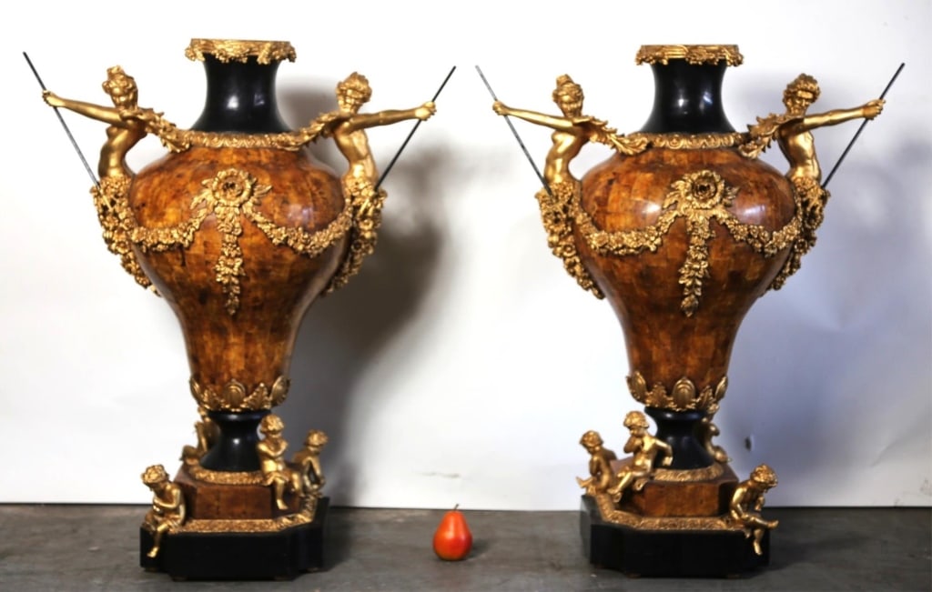 ITALIAN MONUMENTAL PARCEL GILT, FAUX TORTOISE URNS (1 of 8)