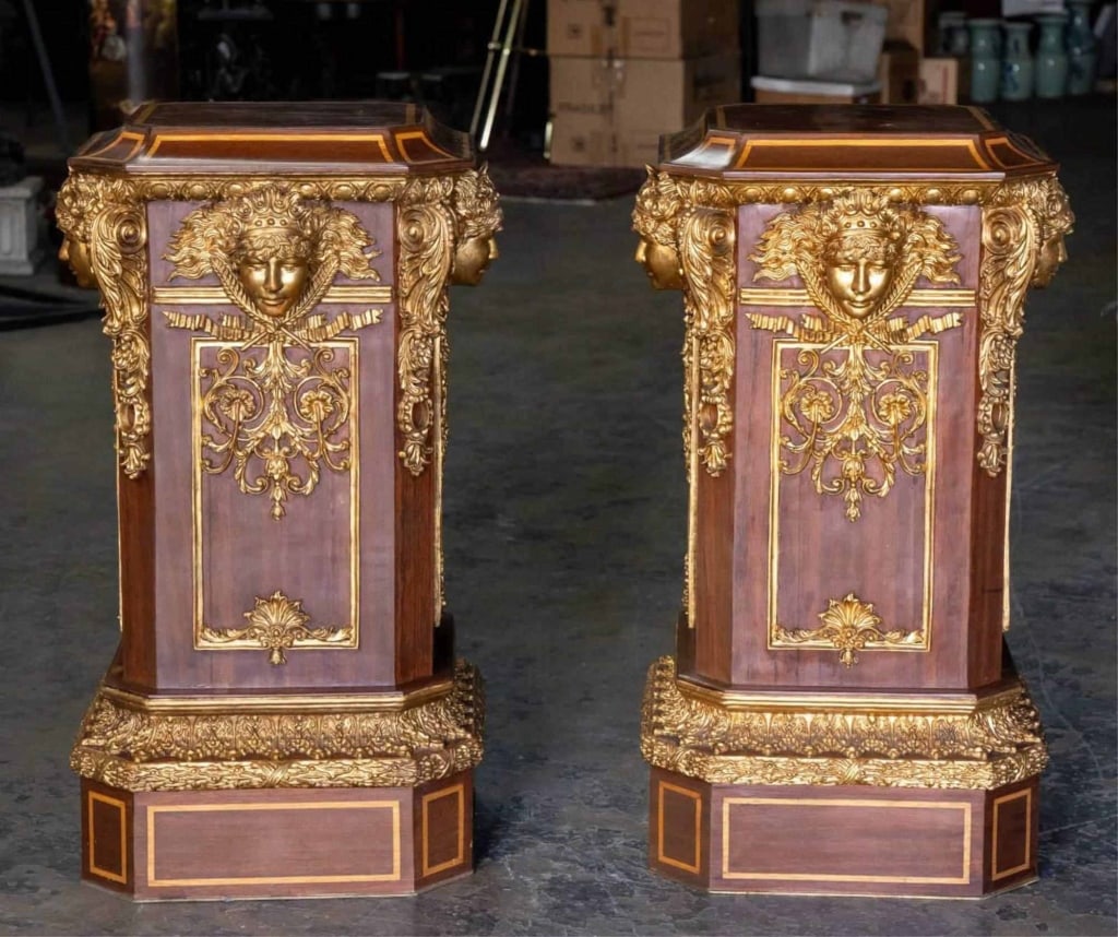 FRENCH INLAID & PARCEL-GILT PEDESTALS: French inlaid & parcel-gilt pedestals 20th century palatial pedestals. Note: Each lot in this auction was stored in an active industrial warehouse. Accordingly, lots may exhibit dust and/or surface re