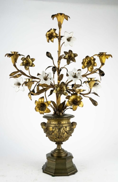 FRENCH NAPOLEON GILT ALTER LILLY CANDELABRA: French napoleon gilt alter lily candelabra 20th c. Note: Each lot in this auction was stored in an active industrial warehouse. Accordingly, lots may exhibit dust and/or surface residue and may benefi