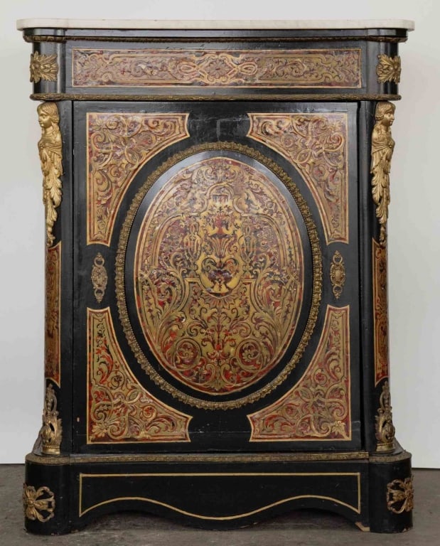 FRENCH ANTIQUE BOULLE EBONIZED CONSOLE: French antique boulle console. Note: Each lot in this auction was stored in an active industrial warehouse. Accordingly, lots may exhibit dust and/or surface residue and may benefit from cleaning. App