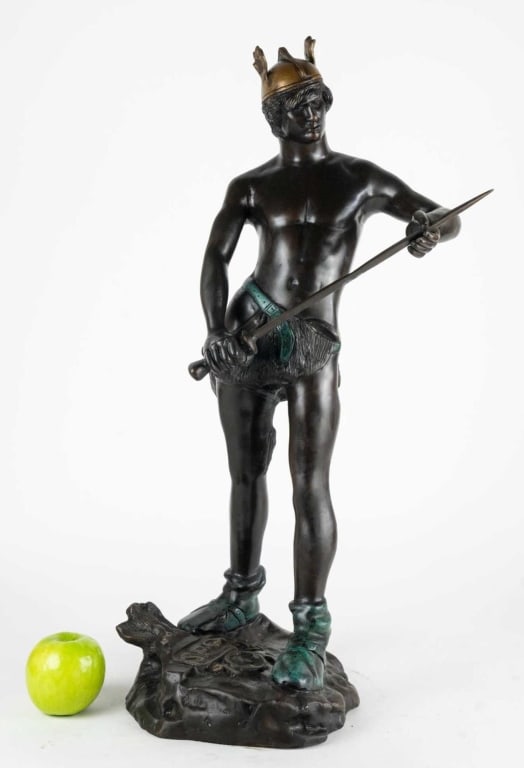 PATINATED BRONZE SCULPTURE OF MERCURY SIGNED: Patinated bronze sculpture of Mercury signed and numbered 8/20. Note: Each lot in this auction was stored in an active industrial warehouse. Accordingly, lots may exhibit dust and/or surface residue a
