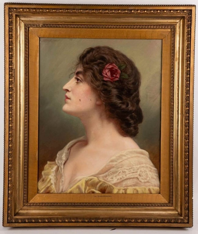 J. CHARNOCK, PORTRAIT OF A LADY, OIL ON CANVAS: Oil on canvas bust length profile of a young woman with a rose in her hair against a soft green ground inscribed Charnock pinxit upper left and with j. Charnock painted on the slip presented in a gilt