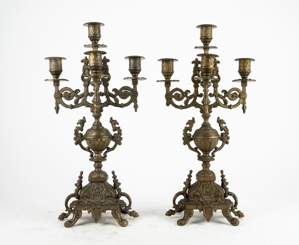 ITALIAN BRONZE PATINA 5-ARM CANDELABRAS: Italian bronze patina 5-arm candelabras. Note: Each lot in this auction was stored in an active industrial warehouse. Accordingly, lots may exhibit dust and/or surface residue and may benefit from cle