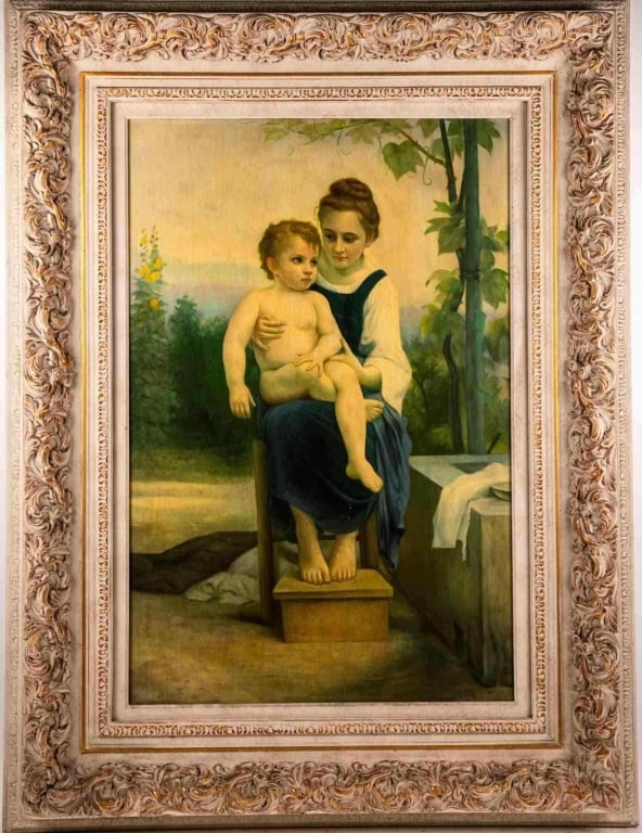 PORTRAIT OF A WOMAN W/CHILD, OIL ON CANVAS: Oil on canvas. Signed to ll. Framed. Repro. Note: Each lot in this auction was stored in an active industrial warehouse. Accordingly, lots may exhibit dust and/or surface residue and may benefit from 
