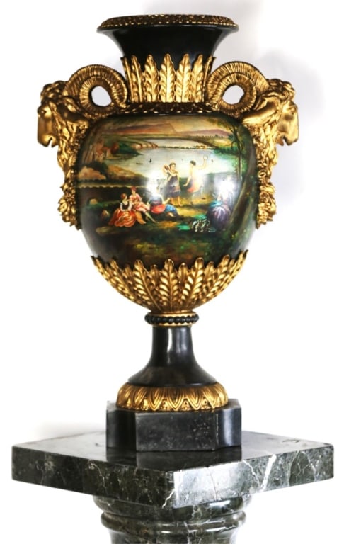 ITALIAN FIGURAL PAINTED PARCEL GILT RAMS HEAD URN (1 of 6)