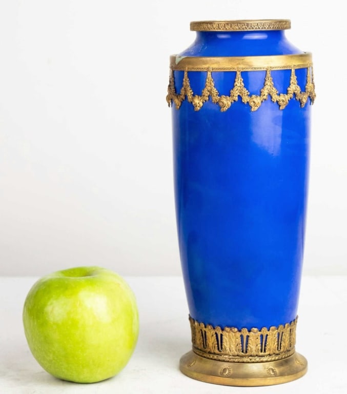 FRENCH SEVRES STYLE COBALT AND BRONZE MOUNTED VASE: French Sevres style cobalt and bronze mounted vase. Note: Each lot in this auction was stored in an active industrial warehouse. Accordingly, lots may exhibit dust and/or surface residue and may benef