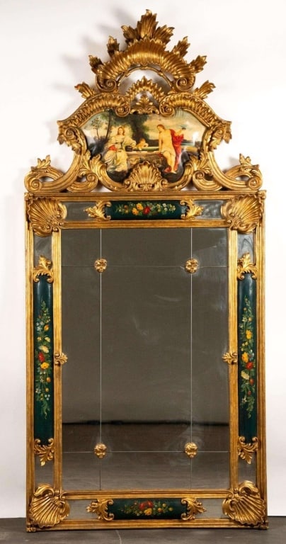 ITALIAN HARD CARVED GILT MIRROR W/ PAINTED SCENE (1 of 5)
