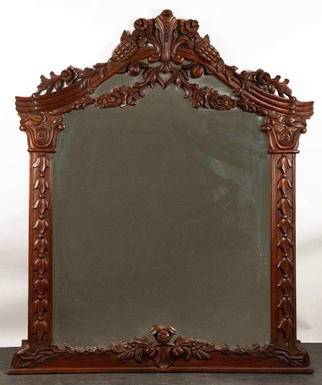 FRENCH DECORATIVE MAHOGANY MIRROR: French decorative mahogany mirror. Note: Each lot in this auction was stored in an active industrial warehouse. Accordingly, lots may exhibit dust and/or surface residue and may benefit from cleaning.