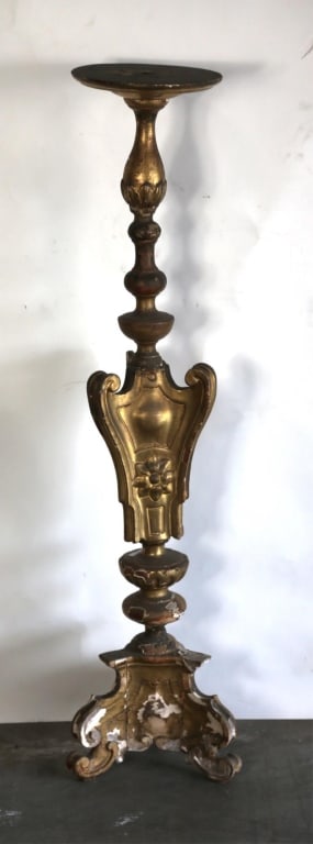 ITALIAN ANTIQUE GILT GESSO CANDLE PRICK: Italian antique gilt gesso candle prick. Note: Each lot in this auction was stored in an active industrial warehouse. Accordingly, lots may exhibit dust and/or surface residue and may benefit from cle