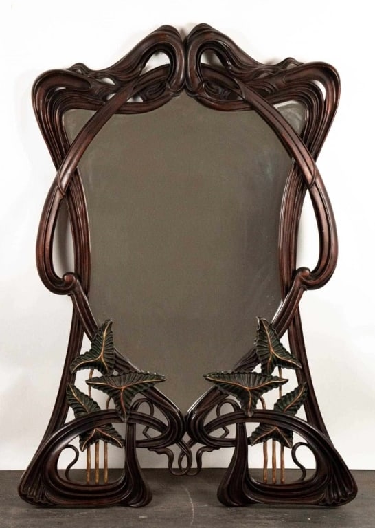 ART NOUVEAU HAND CARVED MAHOGANY MIRROR (1 of 6)